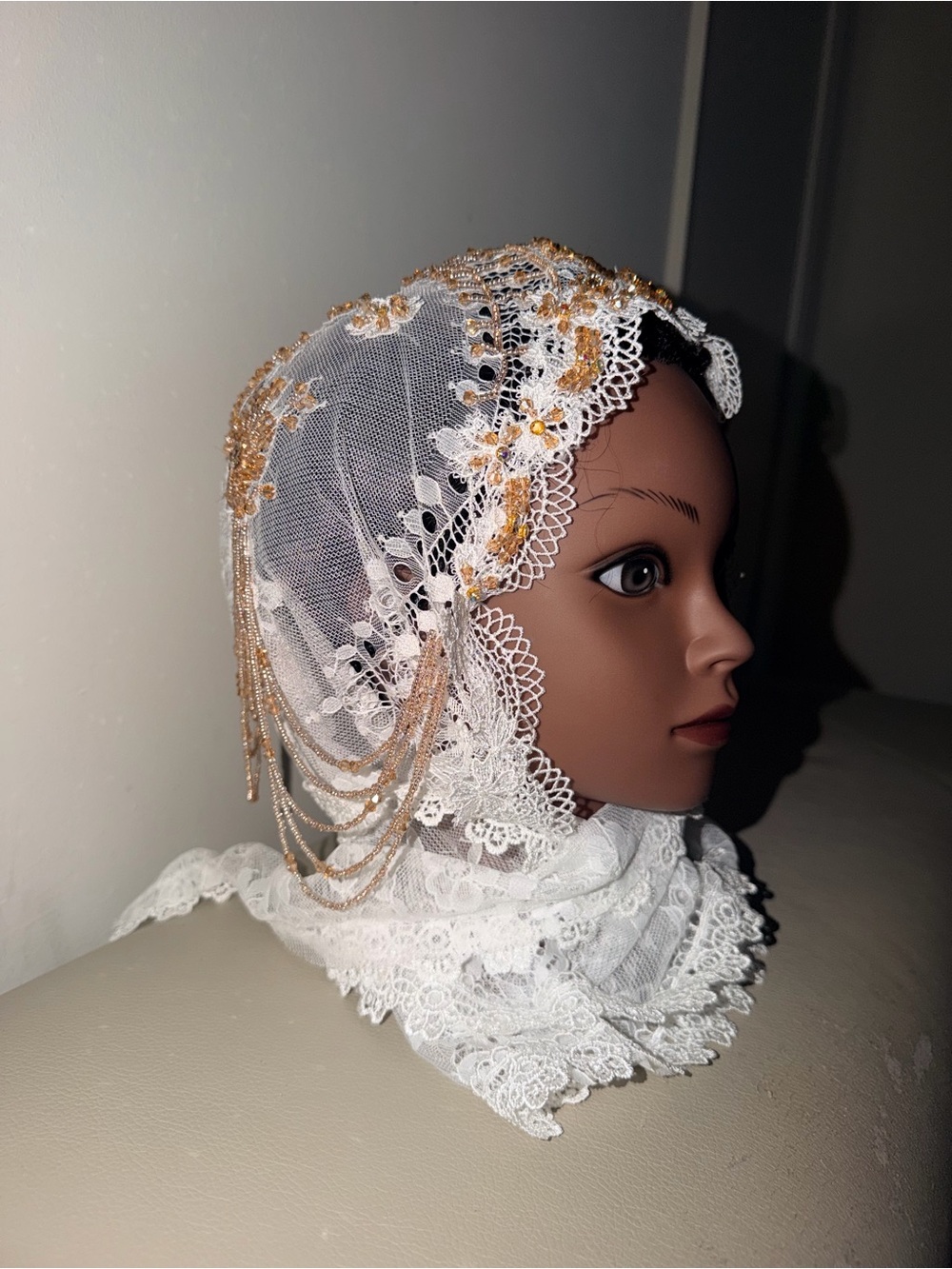 Embellished White Lace Headscarf with Gold Bead Accents